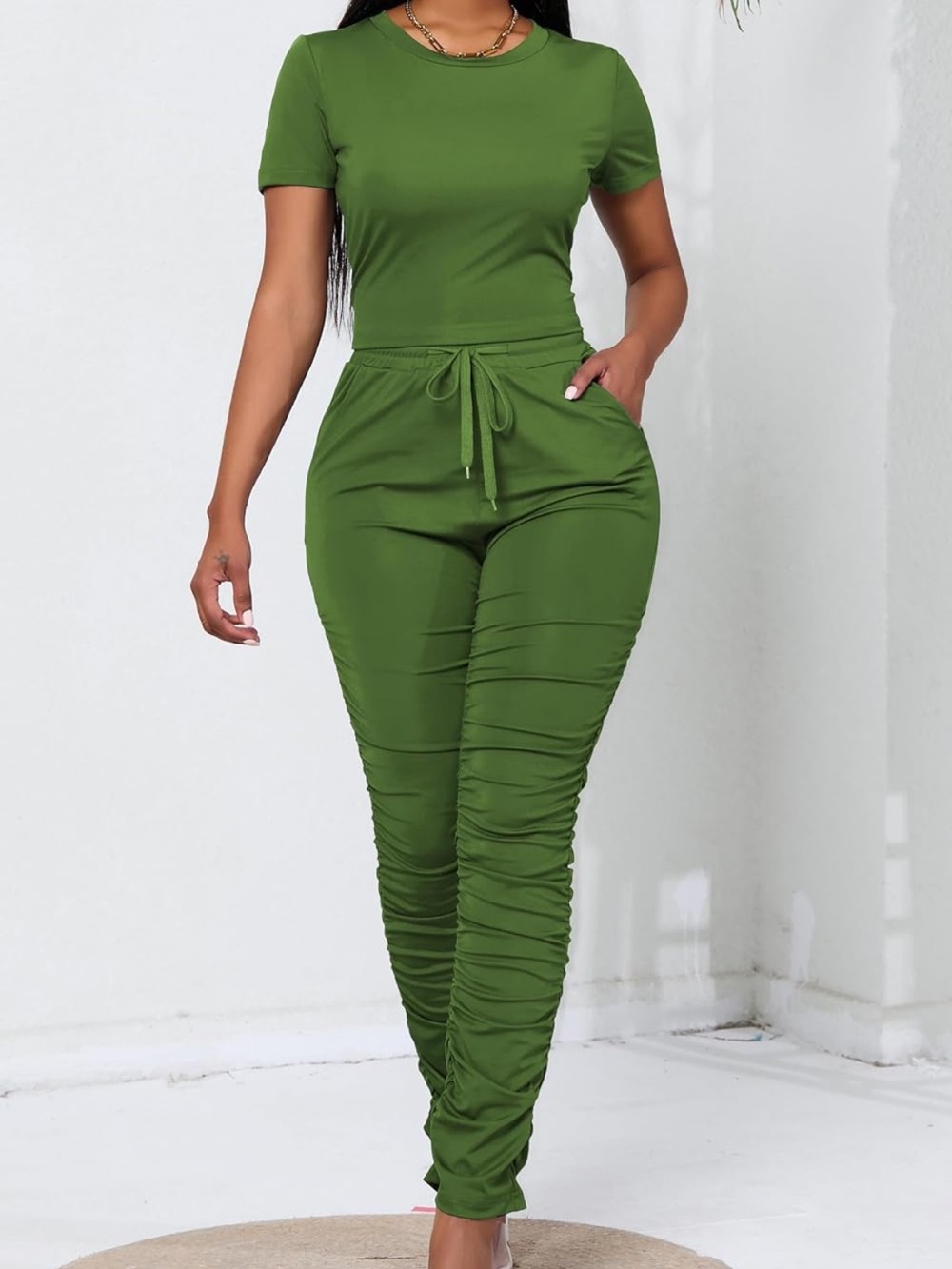 Ruched Olive Green Women's 2 piece set- Drawstring Waist